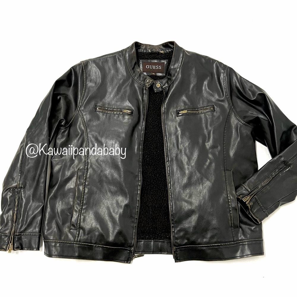 Y2K Vintage Guess Faux Leather Sherpa Lined Moto Motorcycle Jacket Men’s SZ XXL